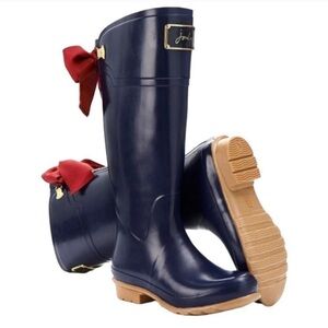Joules Evedon Tall Navy Rain Boots with Red Bows